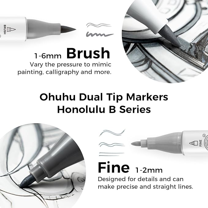 Ohuhu Alcohol Markers Brush Tip Grey-tone-Dual Tips Alcohol Based Art Marker Set for Artist Adults' Coloring Illustration Shading-36 Grayscale Colors w/ 1 Blender-Fine&Brush-Honolulu B