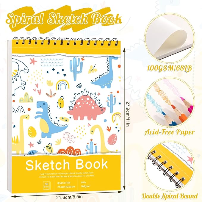 8.5 × 11 Sketch Book for Kids, 50 Sheets, Spiral Acid-Free Drawing Pad | 68lb/100gsm Paper, Perforated Pages, 360° Spiral Binding, Hard Back Cover, for Pencil, Charcoal, Pastel & Crayon