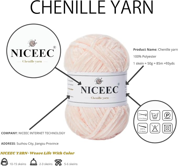 NICEEC 3 Skeins Soft Chenille Yarn 3 x85m (3X 93yds, 3X 50g)_Skin