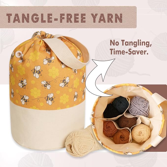 TOGETRUE Yarn Bag, Knitting Crochet Bag, Portable Yarn Storage Bags Organizer for Crocheting Project, Store Skein Ball, Short Knitting Needle (Medium, Bees)