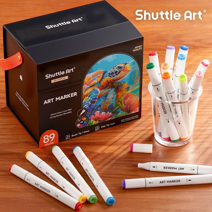 Shuttle Art Brush Tip Alcohol Markers, Dual Tip Brush & Fine Tip Art Marker Set, 89 Colors Marker Pens with Organized Case Perfect for Illustration Kids Students Adults Coloring Sketching