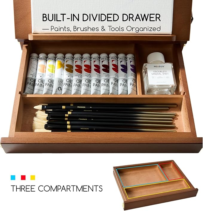 MEEDEN Table Top Easel with Drawer: Tabletop Easel with Sketching Board | Portable Painting Easel with Storage - Wood Pochade Sketch Box for Artist Art Students Beginners Walnut