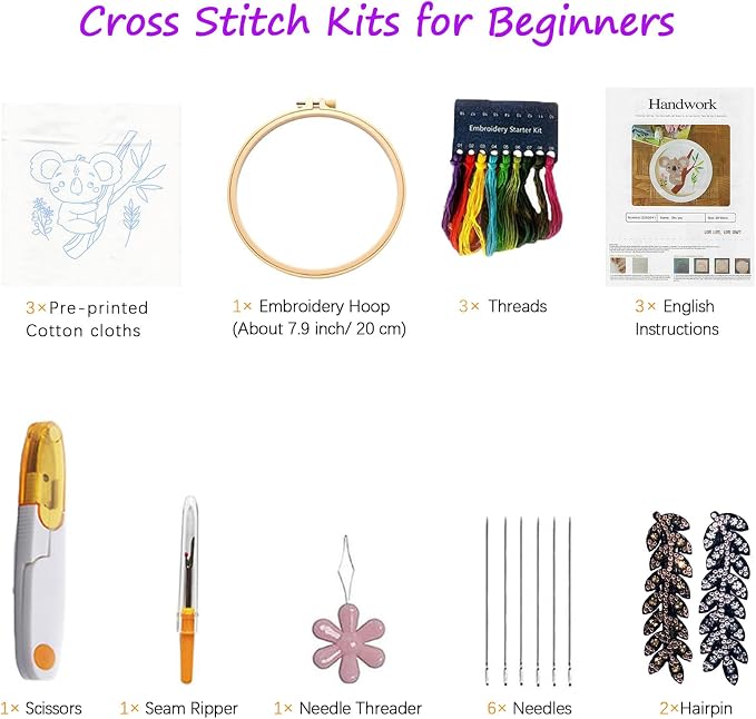 CHIYOSING Embroidery Kit for Beginners Adults,3 Koala Pattern to Learn Over 30 Different Stitches,Includes Step-By-Step Instructions,Sharp Scissors and 2 Exquisite Hairpins and Multiple Accessories.