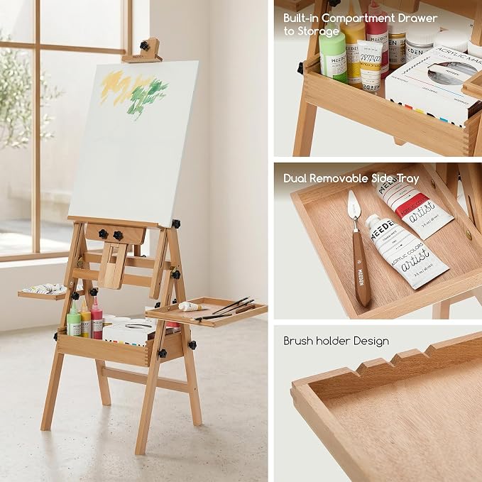 MEEDEN Painting Easel with Storage and Tray: H-Frame Beech Wood Art Easel | Easel Stand for Adults, Artists, Students, Beginners - Adjustable 50"-80" H, Holds Canvas Up to 47 Inches