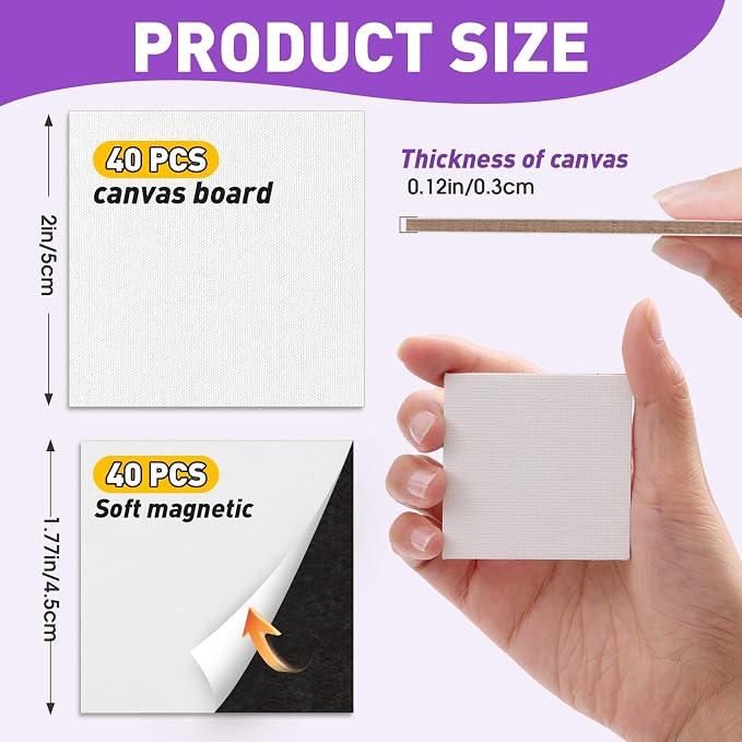 ESRICH 40 Pack 2x2IN Mini Magnetic Canvas Panels, Small Canvases for Painting for Oil, Watercolor, Acrylic Painting & DIY Crafts with 40PCS 2x2IN Square Flat Canvas Boards, 40PCS Soft Magnets