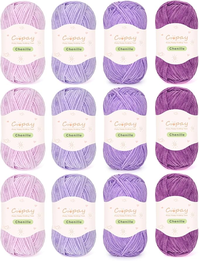 Coopay Skinny Chenille Yarn for Crocheting & Knitting, Purple Gradient | Crochet Yarn Set - 600g Total, Velvet Yarn for Colorful Crafts, Blankets, Plush Dolls, Decorative Handmade Works