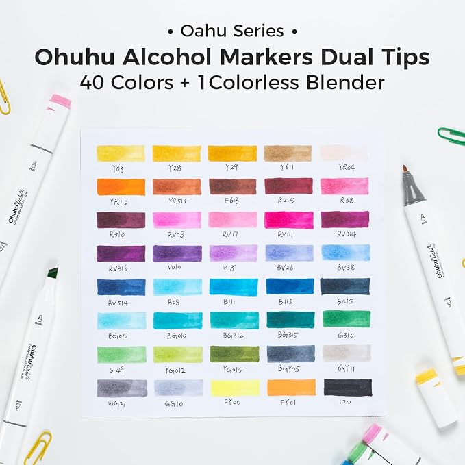Ohuhu Alcohol Markers 40 Colors Chisel Fine AP Certified for Adult Coloring | Refillable Art Marker Set, Dual Tips Alcohol-based for Artists Beginners Adults Drawing Illustration Sketching, Oahu