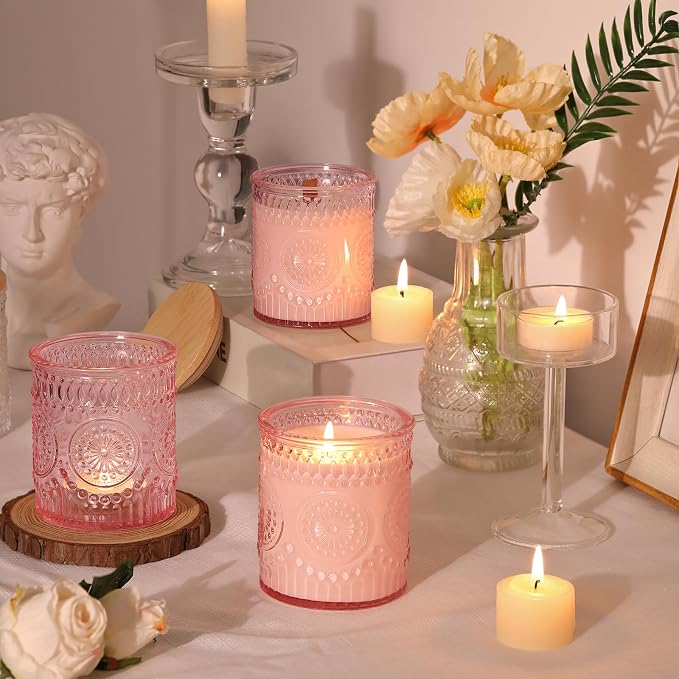 DARJEN 10 Pcs 8oz Glass Candle Jars with Lids, Candle Containers Tins-Pink | Premium Thick Glass, Secure Wooden Lids- Candle Jars for DIY Candle Making, Stunning Sunflower Design
