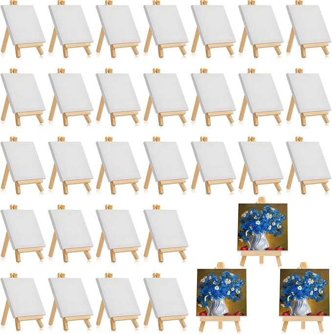 Mimorou 64 Pack Mini Canvas with Easel for Painting Wood,3 X 3 Inch
