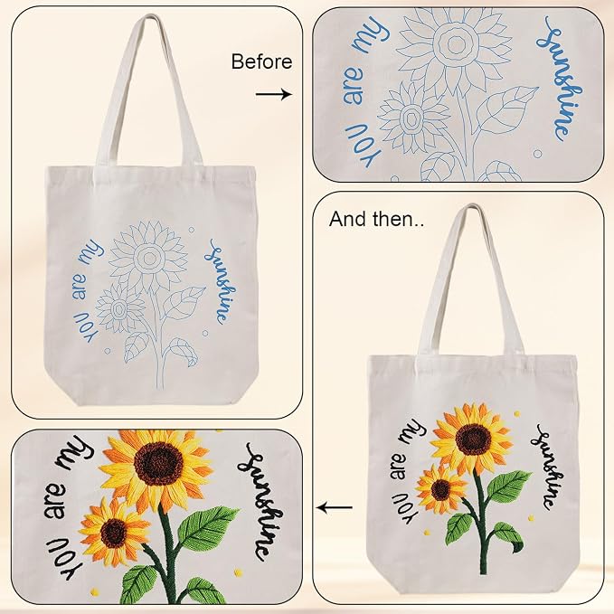 Louise Maelys Embroidery Kit Canvas Tote Bag with Sunflower Pattern