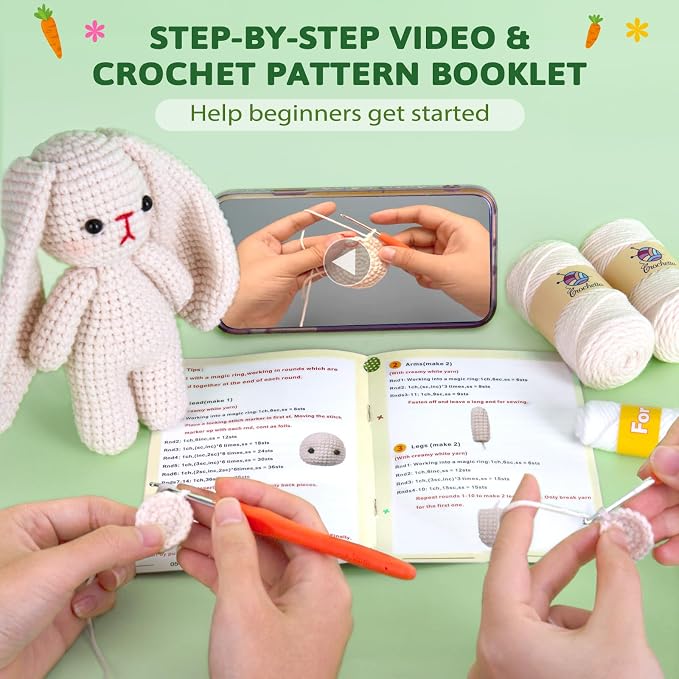 Crochetta Crochet Kit for Beginners, Crochet Starter Kit w Step-by-Step Video Tutorials, Beginner Crochet Kit Knitting Supplies for Adults, Crochet Bunny(40%+ Yarn)