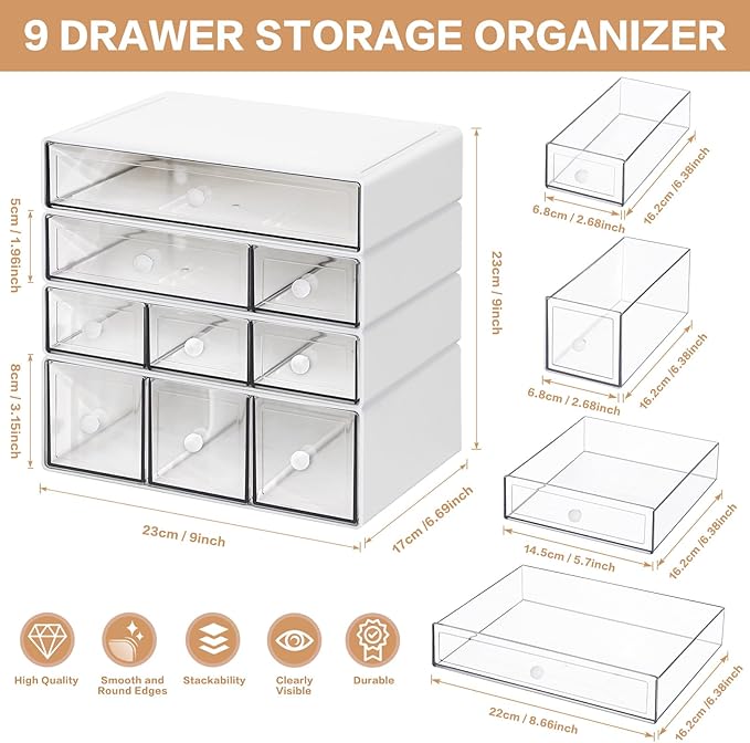 Desk Storage Organizer with 9 Drawers, 4 Tiers Stackable Desktop Craft Storage Drawers, Clear Storage Box Caddy for Stationary Makeup Jewelry Office Craft Supplies (White)