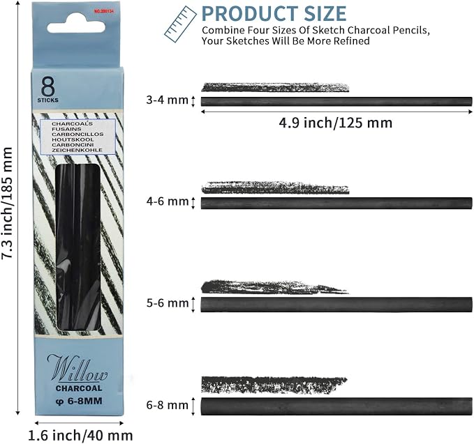MyLifeUNIT Willow Charcoal Sticks, 4 Pack Vine Charcoal Pencils for Artists Drawing (48 PCS)