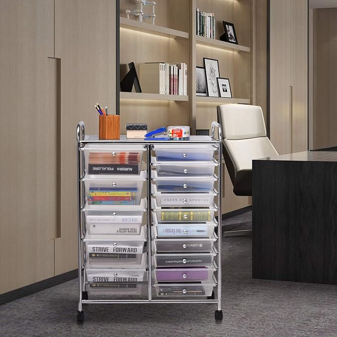 Giantex 15 Drawer Rolling Storage Cart Tools Scrapbook Paper Office School Organizer, Clear