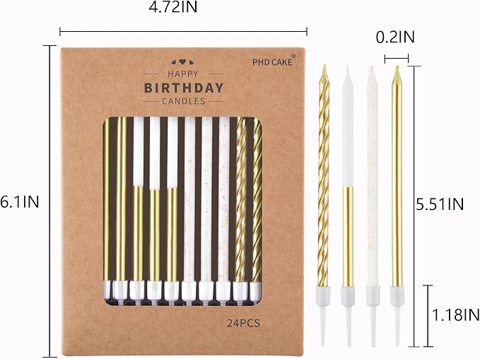 PHD CAKE Gold Metallic Long Thin Metallic Birthday Candles, Cake Candles, Party Candles, Party Decorations, Wedding Candles