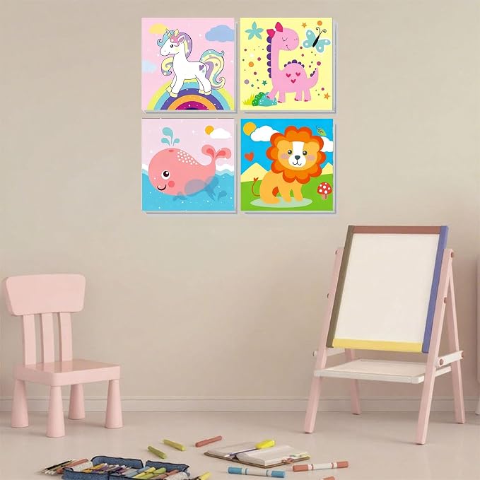 Arttoplus 4 Pack Paint by Numbers Kit for Kids with Frame Animals 8x8inch | Cute Animals Kids Paint by Numbers Ages 4-8-12 with Wooden Easel, Easy DIY Oil Painting by Number for Gift Home Wall Decor