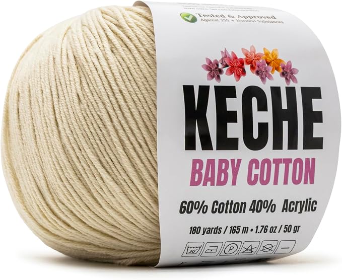 Keche Baby Cotton, 60% Cotton 40% Acrylic Yarn, Soft Cotton Yarn for Crochet and Knitting, Amigurumi Yarn 1 Skein/Ball 1.76 Oz (50g) / 180 Yrds (165m) - Ecru