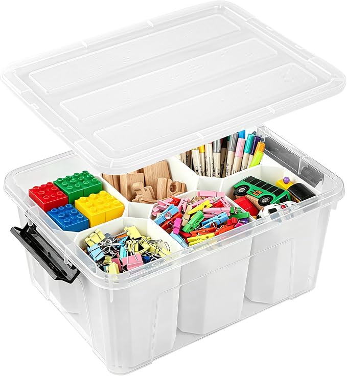 EOENVIVS Clear Storage Bins with 6 Tall Inserts, Stackable craft organizers and storage Box, Plastic Storage Totes with Lids and Handles for Crafts, Jewelry & Sewing, Art Supplies, Markers, Pens