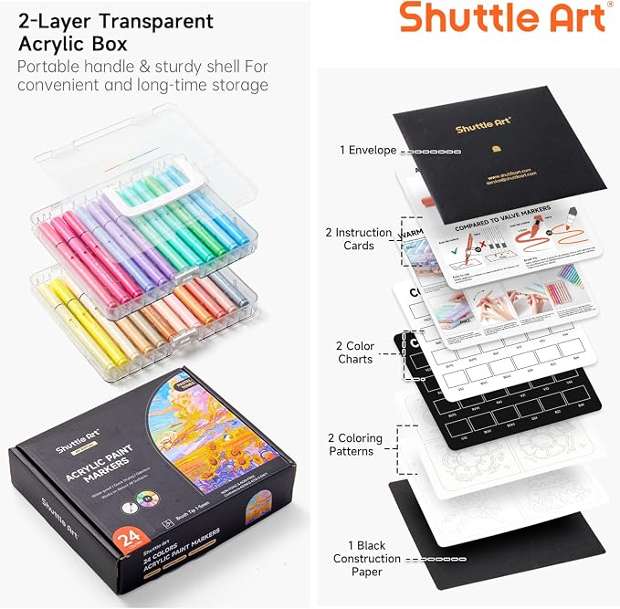 Shuttle Art Automatic Ink Control Acrylic Paint Markers, 24 Pastel Colors Brush Tip Acrylic Paint Pens for Rock Painting, Ceramic, Wood, Canvas, Glass, Stone, Fabric, Card Making, DIY Football Crafts