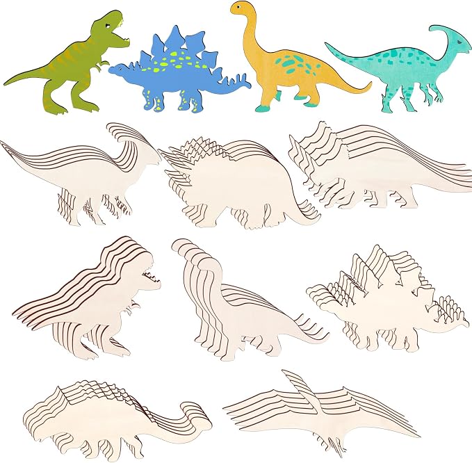 48 Pack Unfinished Wooden Dinosaur Animal Cutouts,Pterosauria,Tyrannosaurus Rex,Triceratops,Stegosaurus,Ankylosaurus Shapes Model for Home Decor Ornament,DIY Craft Art Project(6 PCS/Shape)