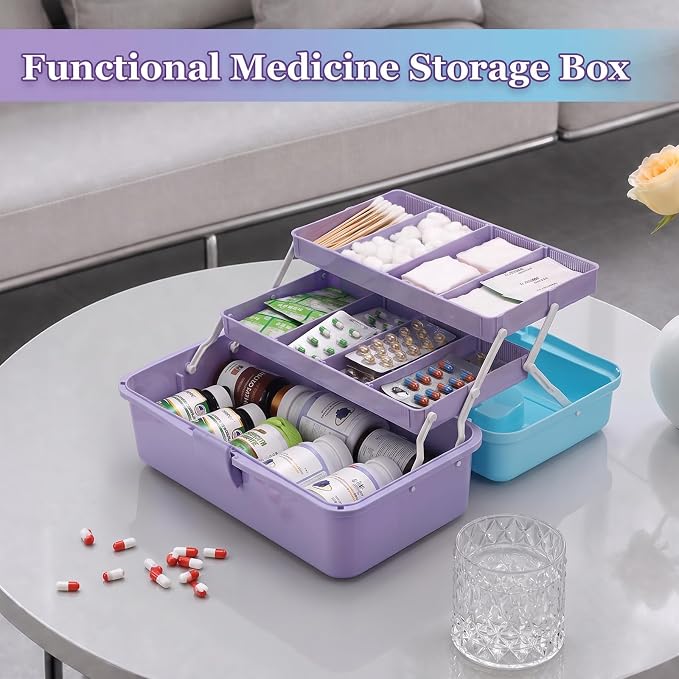 BTSKY 3-Layer Plastic Dividing Storage Box Craft Organizer and Storage | Portable Handled Art Supply Organizer with Adjustable Spacers Multipurpose Home Utility Box for Medicine Sewing(Blue+Purple)