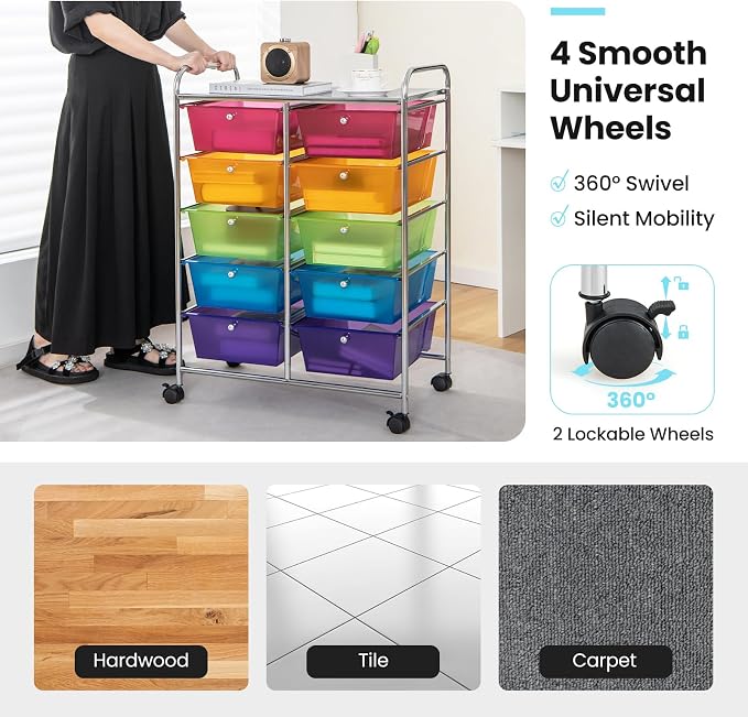 Giantex 10 Drawers Rolling Cart, Classroom Organizers, Storage Cart with Wheels, for Teacher Office Home School Supplies Tool Craft Art Paper