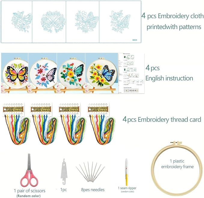 Zhenqing Butterfly Embroidery Kit 11.4x11.4 Inch - Complete Embroidery Set with Fabric, Threads, Needles & Hoop - Beginner-Friendly DIY Craft Kit for Adults (C0041)