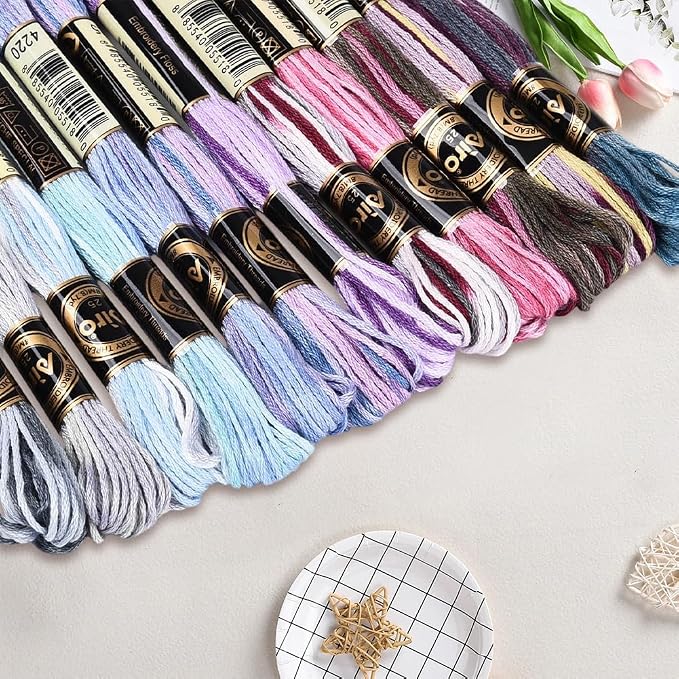 12 Skeins 105 Yards Cross Stitch Floss Variegated Embroidery Thread Bulk 6 Ply Polyester Colorful Purple Friendship Bracelet String for Sewing Making Needlecraft Knitting Clothes Stitching
