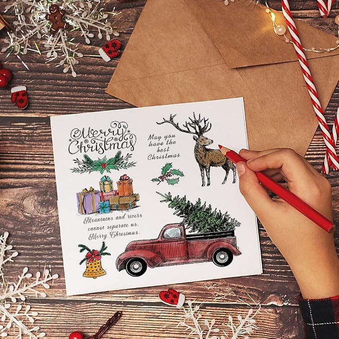 Christmas Gift Truck Clear Stamps for Card Making Decoration and Scrapbooking Supplies, Xmas Theme Blessing Words Transparent Rubber Stamps with Sentiment for Paper Card Photo Album Crafting Supplies