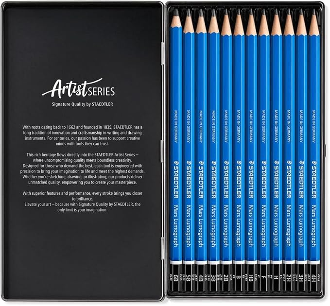 STAEDTLER Mars Lumograph Art Drawing Pencils | 5 Pack - Sustainable, Break-Resistant Graphite, Metal Case