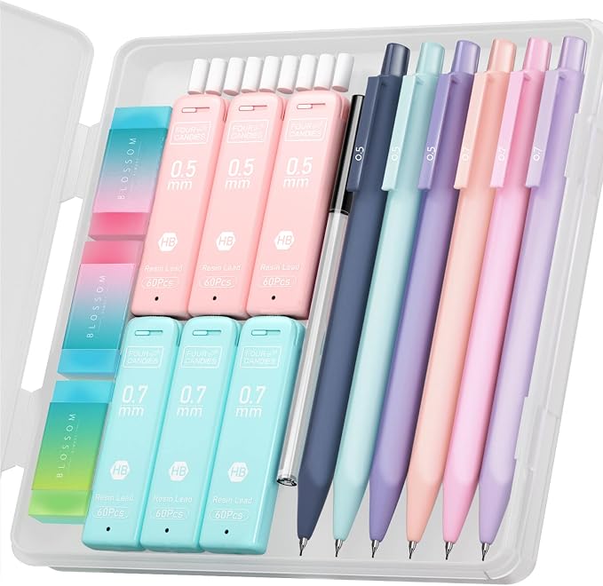 Four Candies Cute Mechanical Pencil Set, 6-Pack 0.5/0.7mm | 360 Lead Refills, 3 Erasers, 9 Eraser Refills, Storage Case, Back to School Supplies for Girls, Pastel Aesthetic Stationery