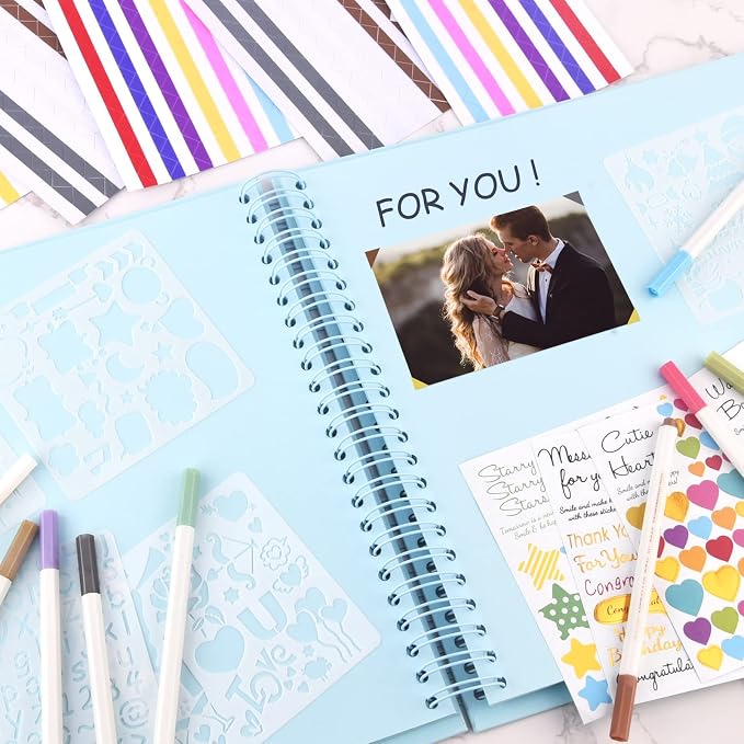 GOTIDEAL 12 x 12 Inch Scrapbook Album with 10 Metallic Markers, Blue | 80 Pages Craft Paper Photo Album for Wedding and Anniversary, Family DIY Photo Album with Scrapbooking Stickers Corners