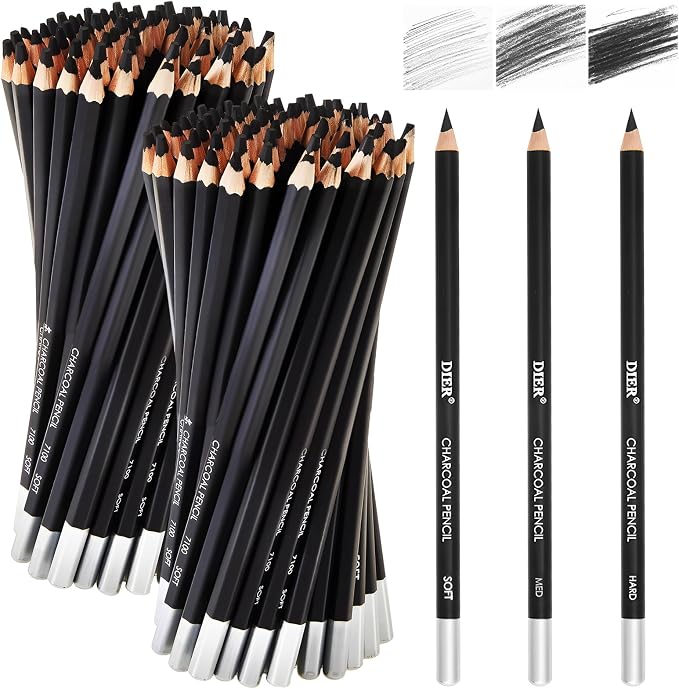 Geyoga 180 Pcs Professional Charcoal Pencils Drawing Bulk Soft Medium and Hard Charcoal Sketch Drawing Pencils for Beginners Artists Shading Sketching