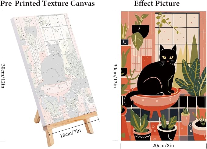 4 Pack Framed Paint by Numbers Kit for Adults Black Cat with Wooden Easel | With Frame Canvas 8x12 IN, For Adults Beginner, DIY Acrylic Painting Cat, Stress Relief Craft Kits, Home Wall Decor Gift