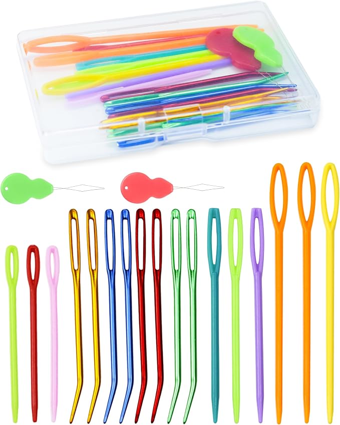 FIVEIZERO 19 Pcs Yarn Needles Set, Assorted Yarn Needles Bent Tapestry Needle Weaving Needle Darning Needles Plastic Needles Large Eye Blunt Knitting Needles for Sewing Crochet 03