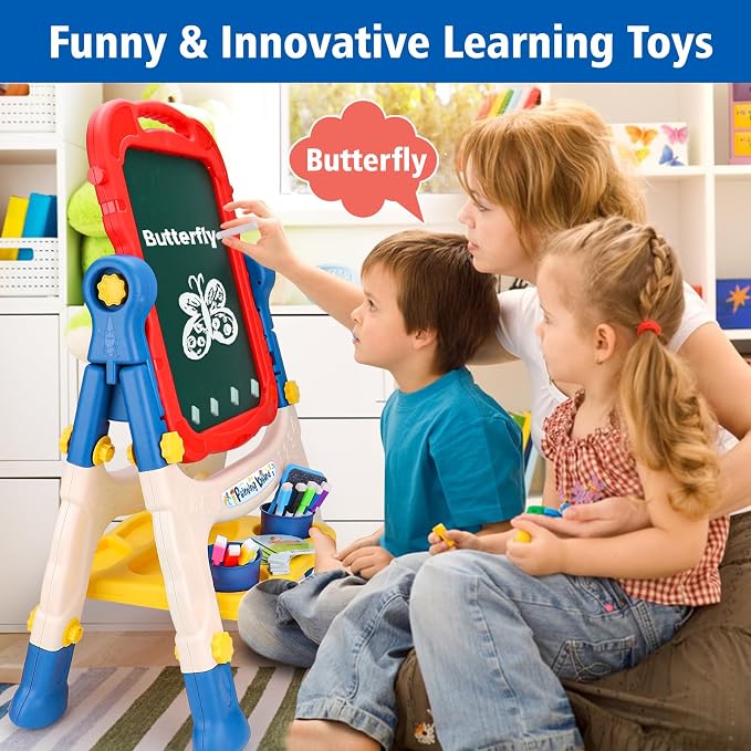 Kids Easel for Toddlers Age 3-4 Art Magnetic White Board & Chalkboard Double Side Adjustable Stand Art Easel Drawing Writing Learning Educational Toys for 3 4 5 Year Boys Girls Birthday Gifts
