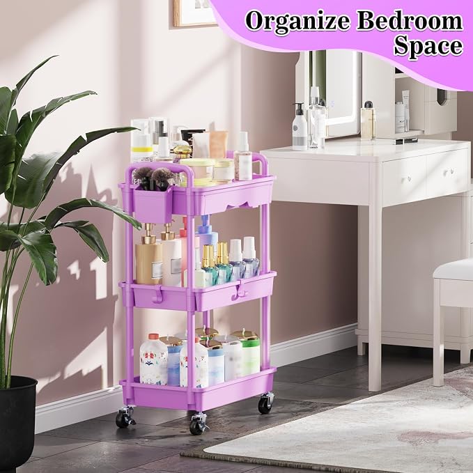 SUNALLY 3 Tier Rolling Cart with Drawer,Craft Storage Cart Organizer,Purple