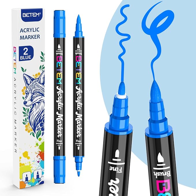 Betem 2 Blue Paint Markers for Glass, Dual Tip Acrylic Paint Pens | Window, Fabric, Wood, Rock, Canvas, Acrylic Markers with Fine & Brush Tip, Art & Craft Supplies, Wine Glass Markers