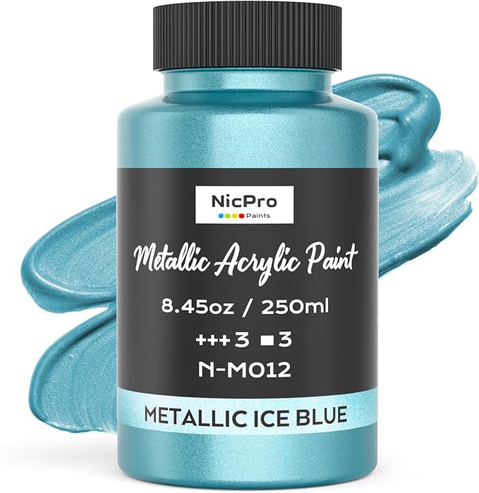 Nicpro Metallic Ice Blue Acrylic Paint, 8.45oz/250ml Large Craft Paints | Pearlescent Non Toxic, Non Fading Paints for Metal, Wood, Clay, Fabric, Canvas, Ceramic, Furniture, Handcrafts, Art Supplies