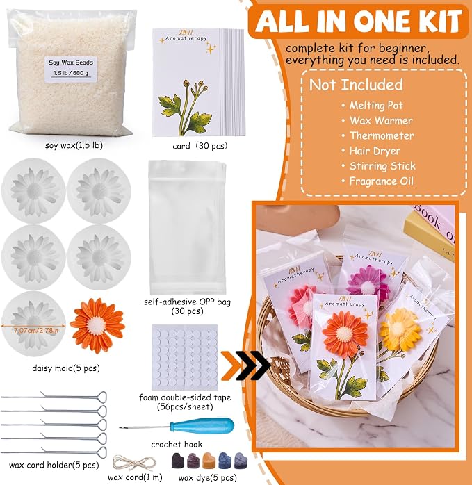 Daisy Candle Bridesmaid Gift Set DIY Soy Wax Mold Kit 79pcs All-in-One