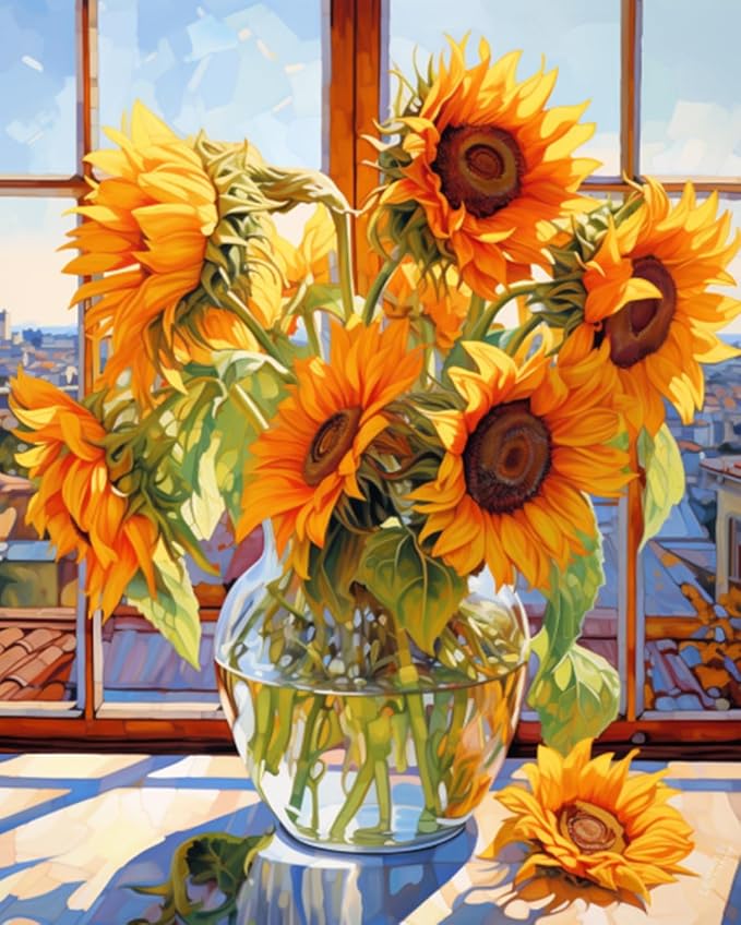 Tucocoo Sunflowers DIY Paint by Numbers for Adults Flowers in Glass Vase DIY Oil Painting Acrylic Paint Art Painting Kits Canvas with Acrylic Paint Floral Art 16x20 Inch （DIY Frame ）