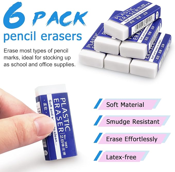Tamaki Erasers, Large, White, 6 Pack | Erasers for School Office, Art Eraser for Drawing