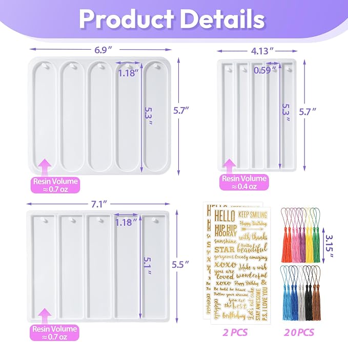 Bookmarks Resin Silicone Molds Kit with 2 Stickers, 20 Pcs Bookmark Tassels | Set of 3 Epoxy Resin Bookmark Molds Casting Molds for DIY book mark Craft Making