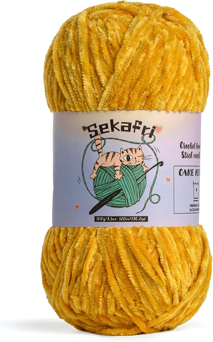 Fuzzy Chenille Yarn for Crocheting, Fluffy Amigurumi Crochet Yarn for DIY Craft/Hat/Shoes, (100 g/197 yds) Soft Velvet Baby Blanket Yarns（Turmeric）