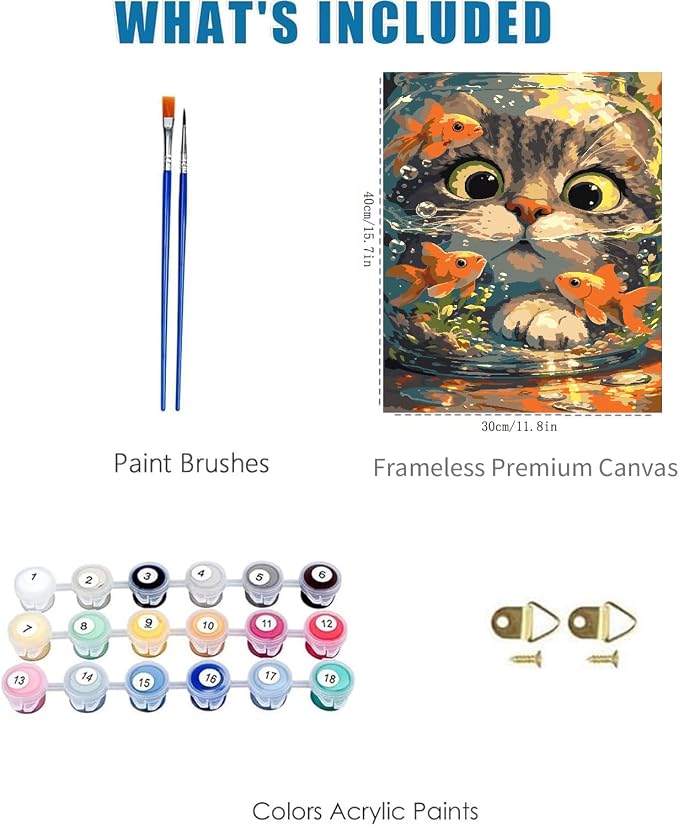 Cat Goldfish Paint by Numbers Kit for Adults Framed Canvas, Frameworkless | Easy Adult Paint by Number Kits on Canvas DIY Cat Goldfish Painting for Beginners Art by Numbers for Home Wall Decor 12X16 in