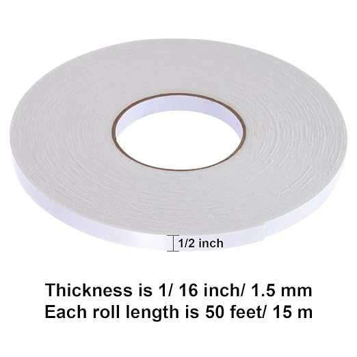 Tatuo 2 Rolls Double Sided Foam Tape for Mounting,1/2 Inch by 50 Feet,White (Pack of 2)