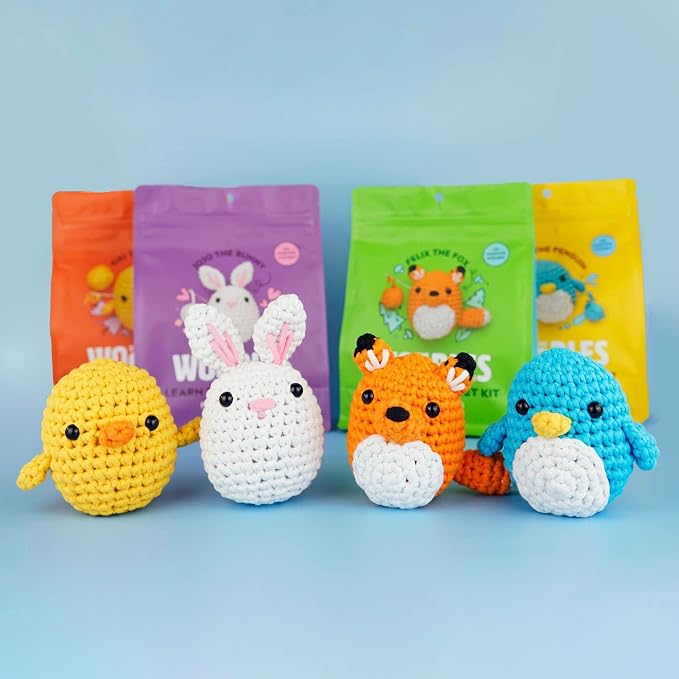 The Woobles Crochet Kit Bundle for Beginners (Penguin, Chick, Fox, Bunny) | As seen on Shark Tank, Includes: Easy Peasy Yarn, pre-started pieces, hooks, safety eyes, stuffing, video tutorials