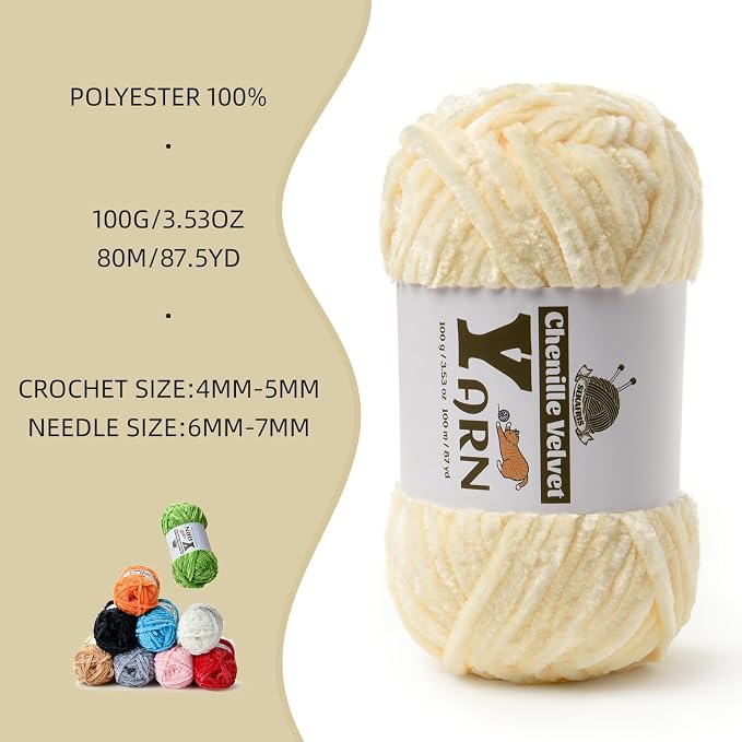 Chenille Crochet Milky White Yarn 3 Pack
