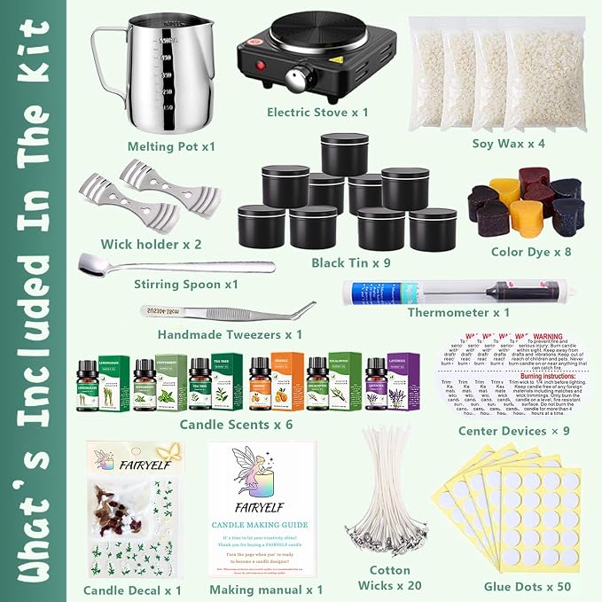 FAIRYELF Candle Making Kit for Adults, Soy Wax & Wax Melter, DIY Candle Kit | Natural Scented Wax & Complete Supplies. Beginner Friendly DIY Craft Kit for Home Decor & Gift & Handmade Candle Projects.