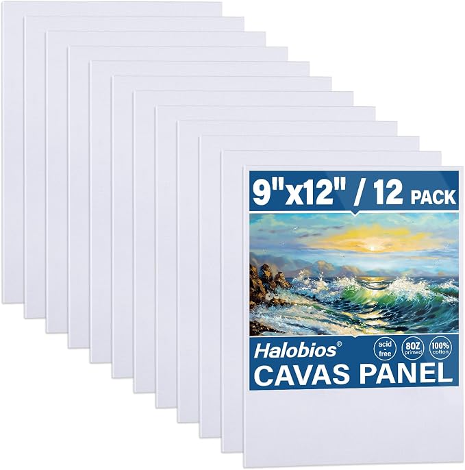 Halobios 12-Pack 9x12 inch Canvas Boards for Painting, Canvas Panels for Kid & Adults 100% Cotton Gesso Primed Art Painting Supplies for Acrylic, Oil, Tempera & Watercolor